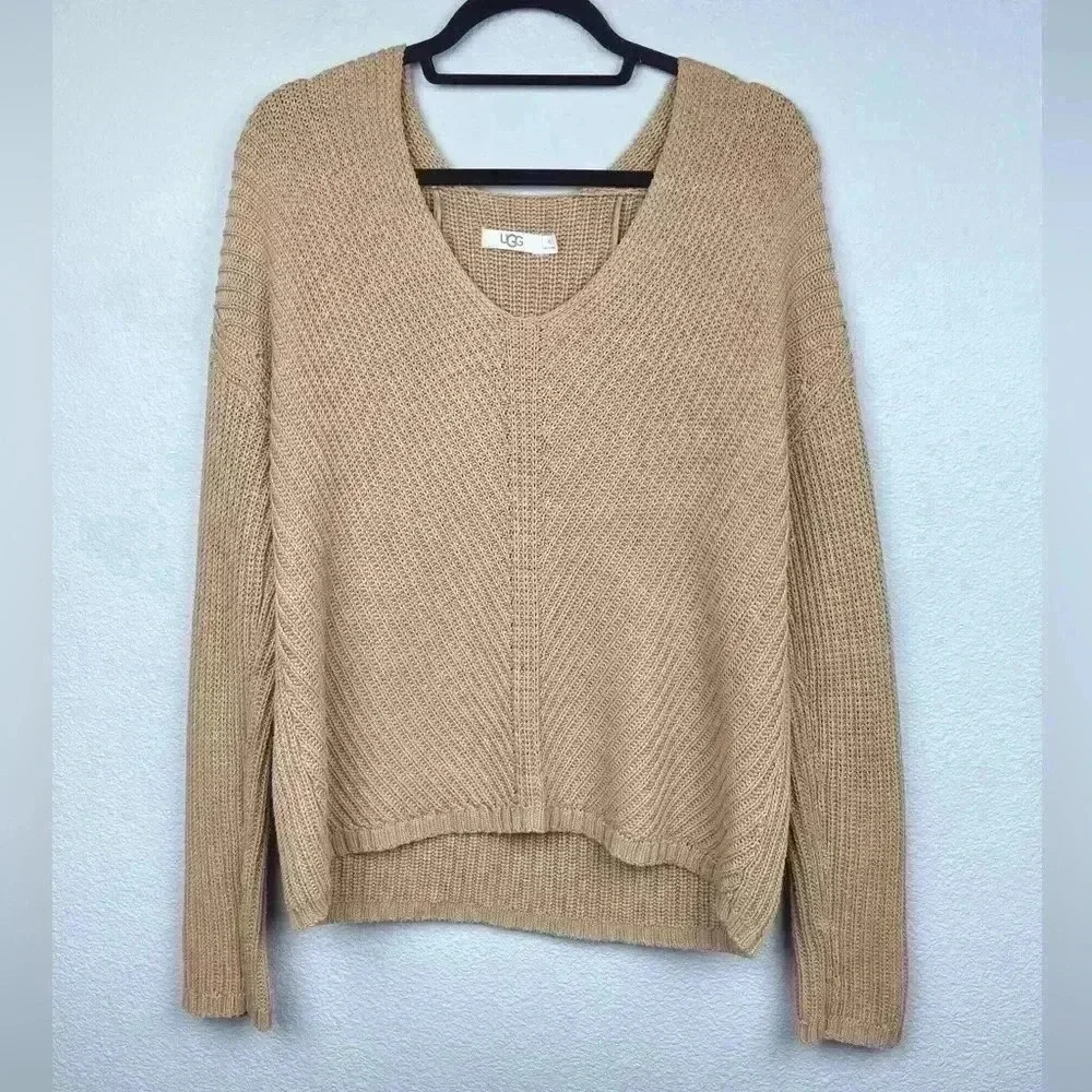 UGG Women's XS Camel Criss V-Neck Pullover Sweater Relaxed Cotton Casual Lounge - Picture 2 of 13